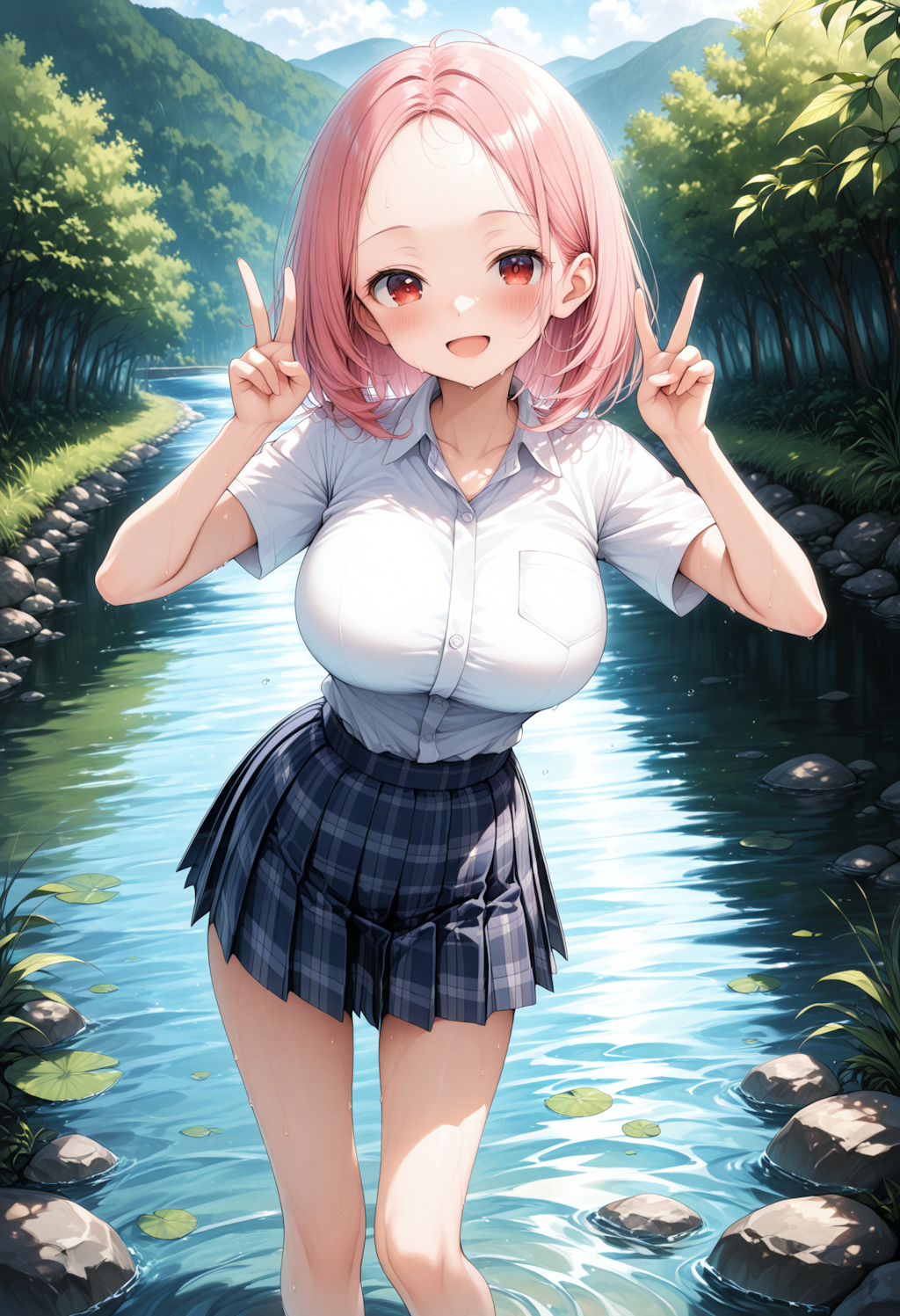 川でダブルピース