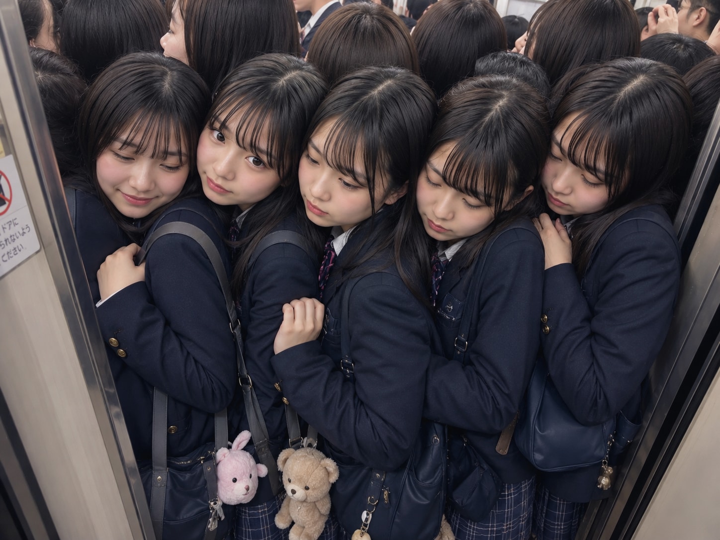 電車内で密集している女の子たち