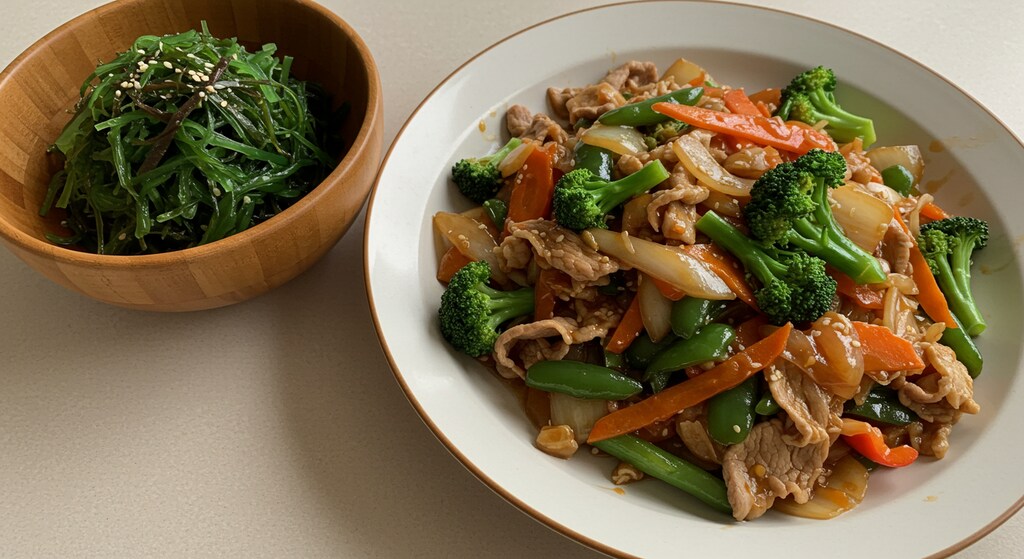 摩訶不思議食堂の海藻サラダと野菜炒めのセット