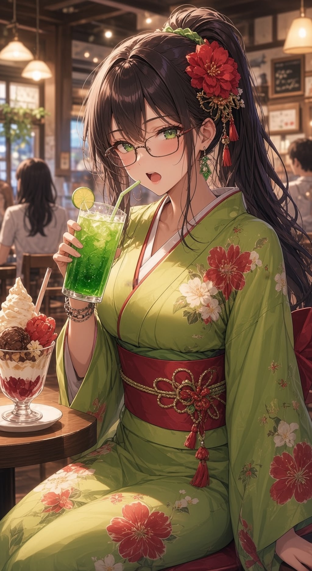 和装でソーダとパフェ