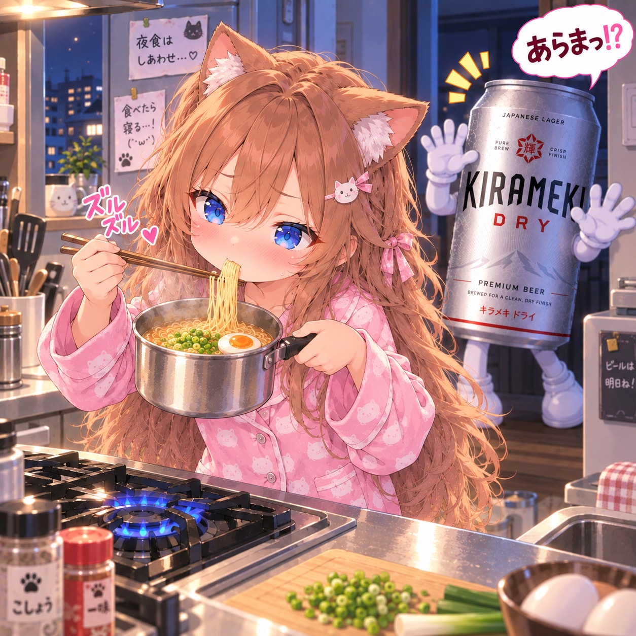 夜にラーメンをこっそり食べる小さな女の子 | の人気AIイラスト・グラビア