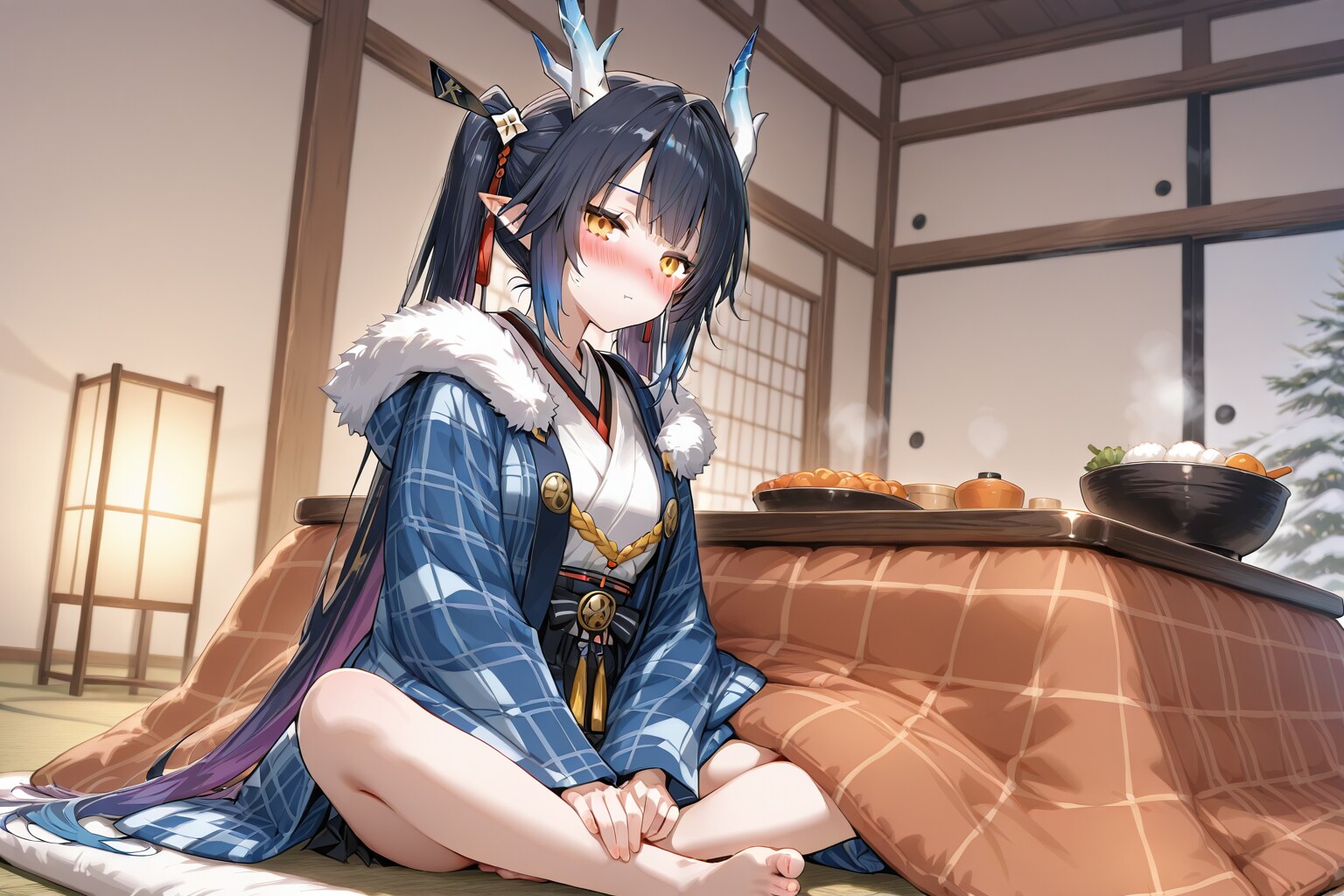 コタツに入っているドラゴン娘