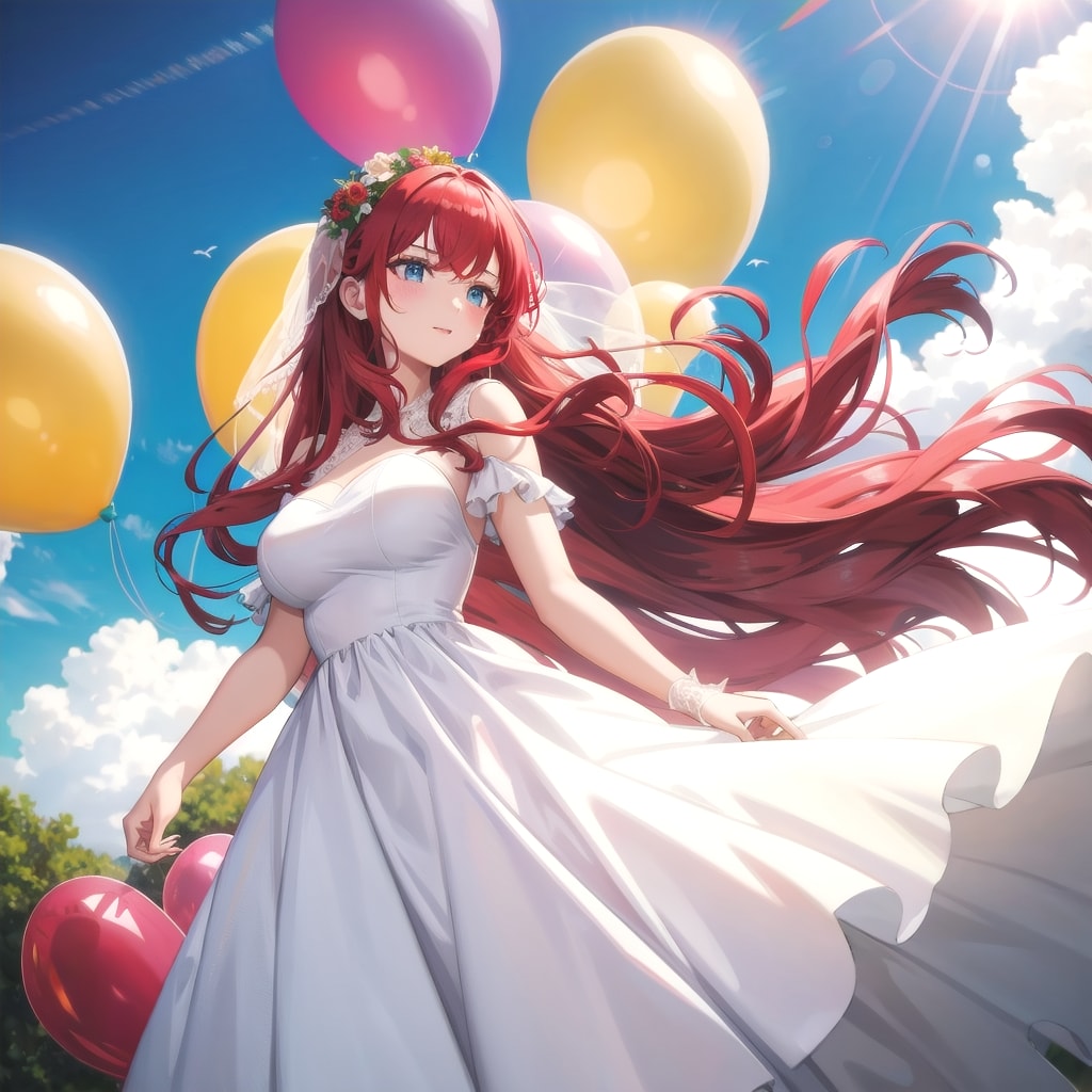 いっぱい色とりどりの風船を持つ赤い髪ロングのウェディングドレス着た美女