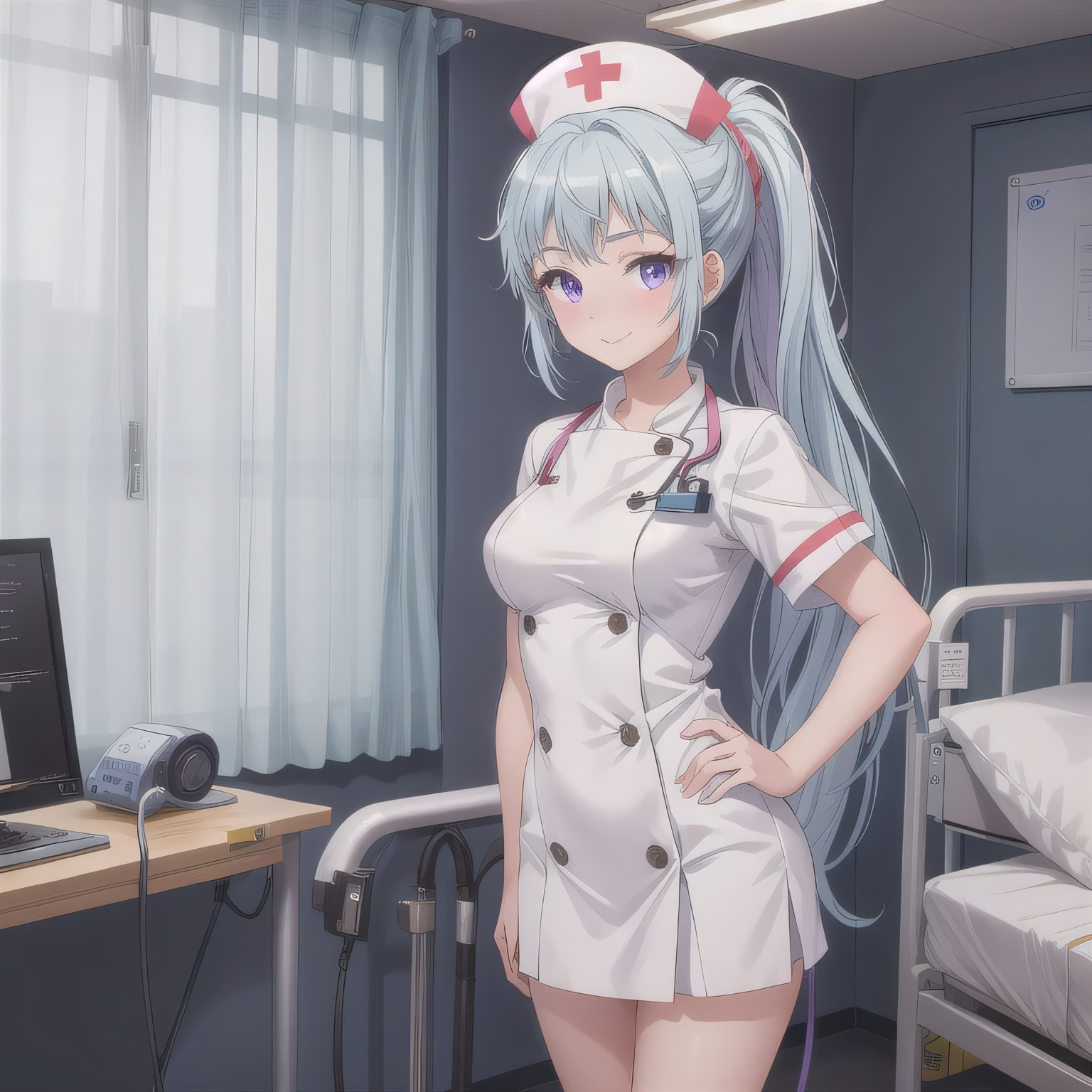 青髪ポニテで看護服の少女 | の人気AIイラスト・グラビア