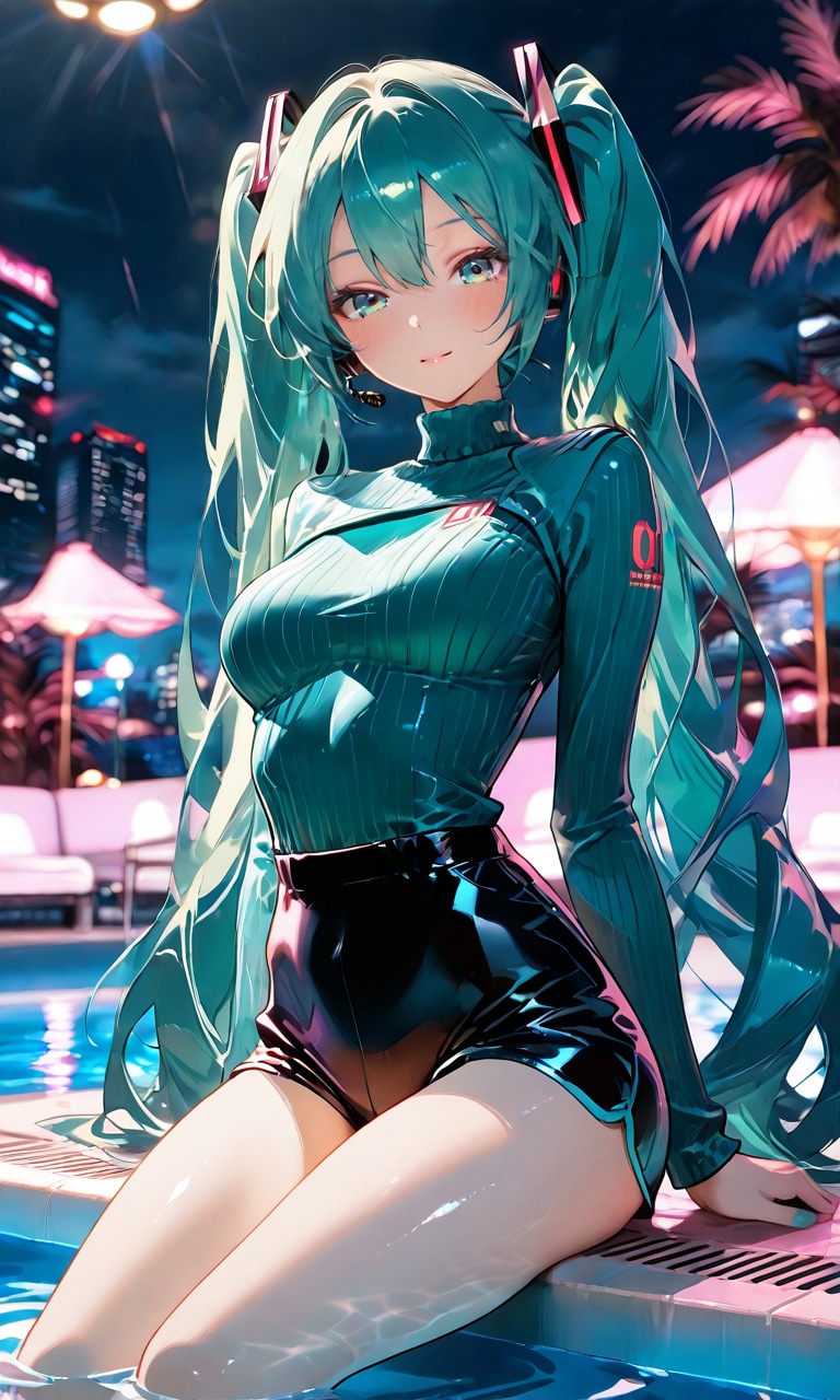 初音ミク｜ネオンのナイトプール、夏の夜にきらめく彼女