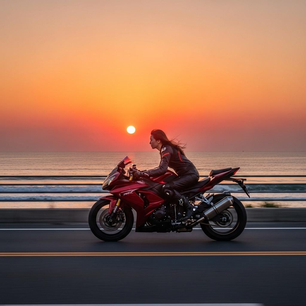 初日の出の海岸線を走る