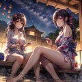満点の星空を眺めながら温泉を楽しむ妖艶な美少女の七夕浴衣姿 5枚目