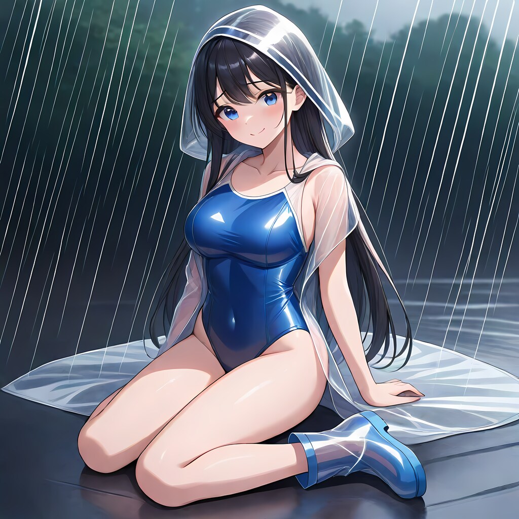 青競泳型スクール水着＋透明レインコート