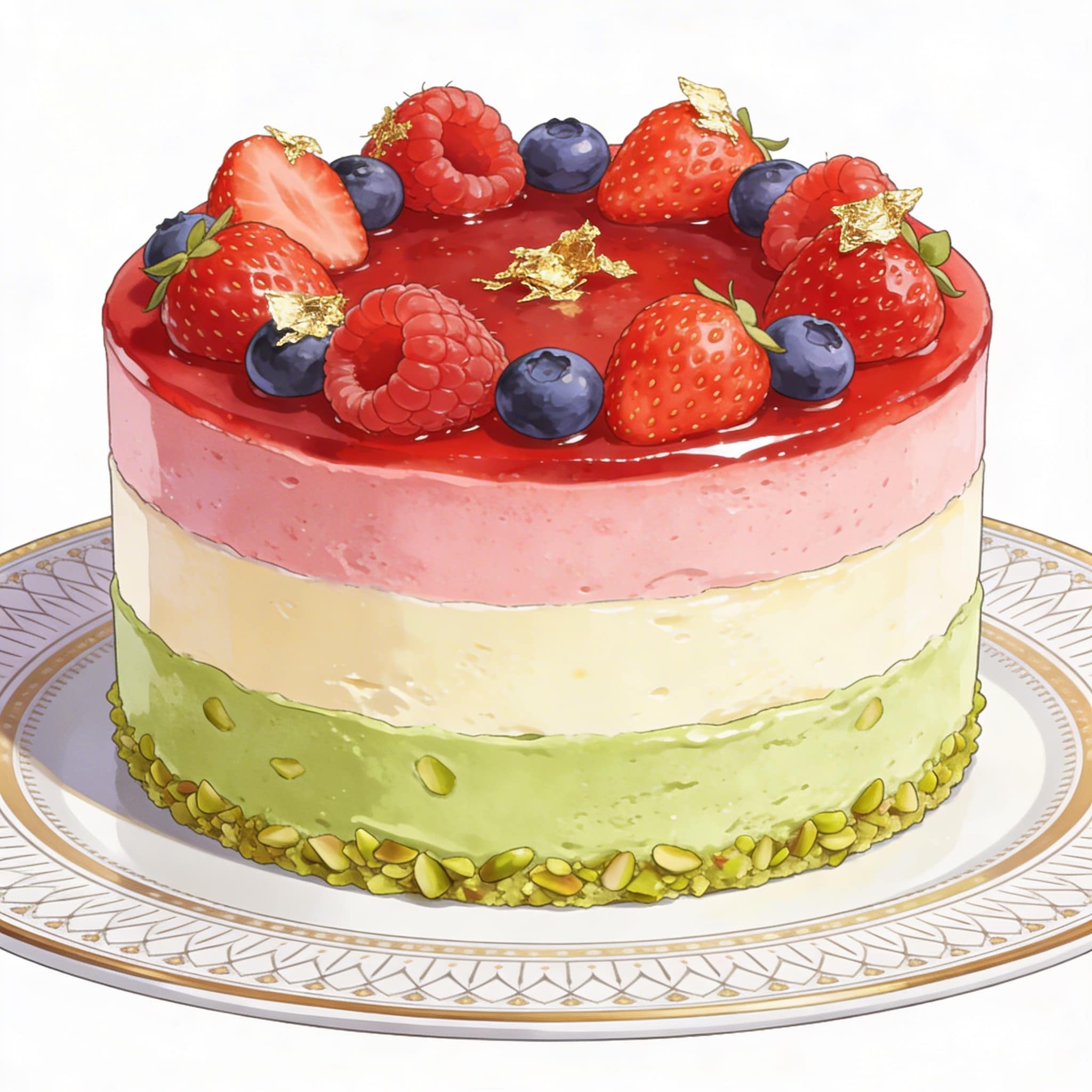 三層仕立てのイチゴレアチーズとピスタチオクリームのケーキ | の人気AIイラスト・グラビア