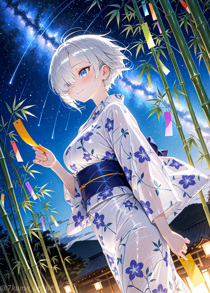 七夕に願いをかける銀髪のお姉さん
