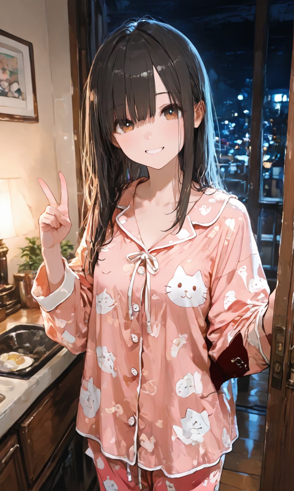 猫ちゃんパジャマでピース