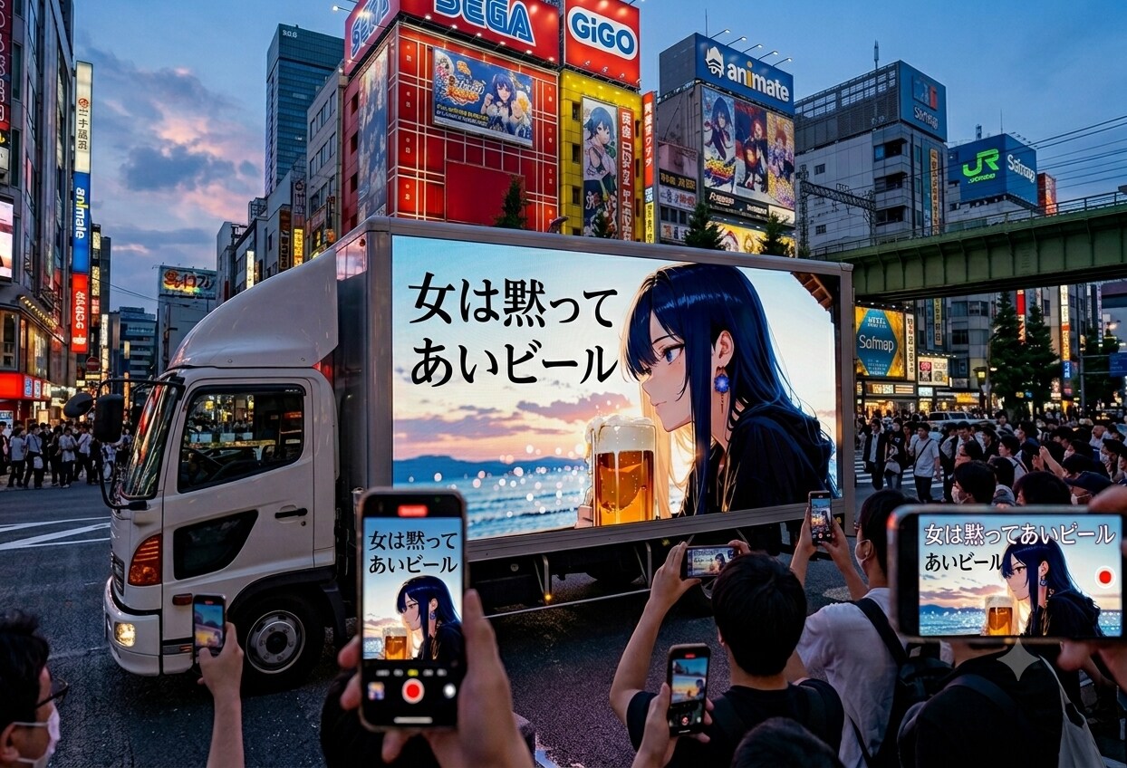 【悲報】秋葉原のど真ん中で、謎の強気キャッチコピー「女は黙ってあいビール」アドトラックが激写される