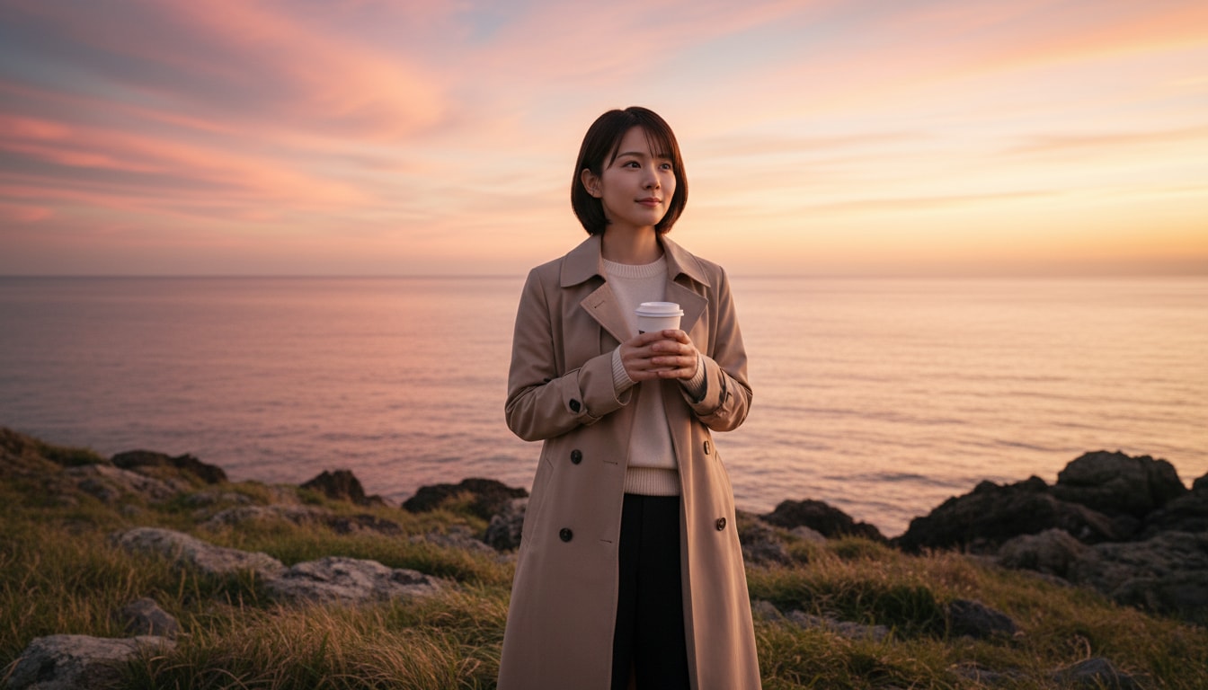 黄昏の海岸で、一息 | の人気AIイラスト・グラビア