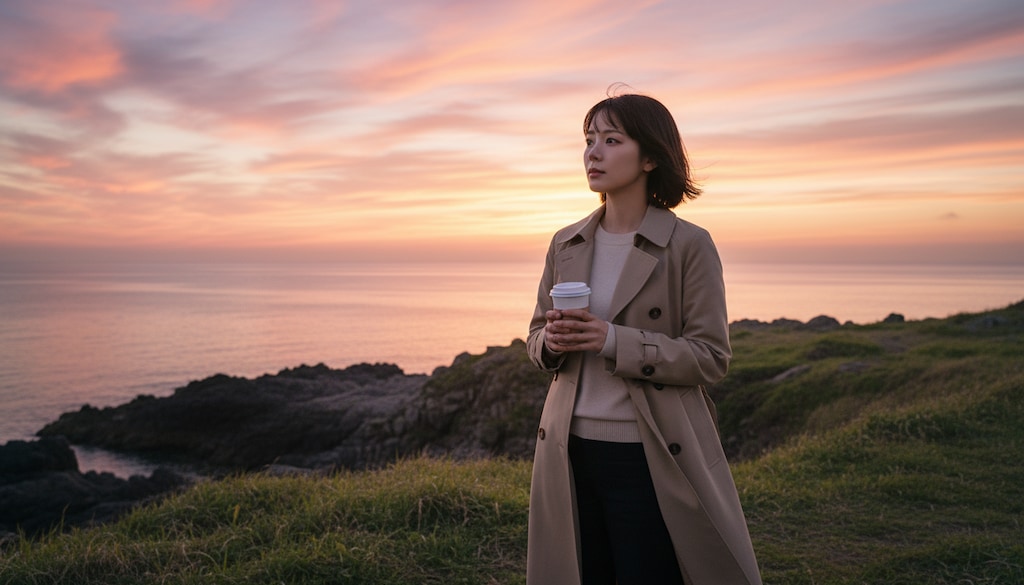 黄昏の海岸で、一息