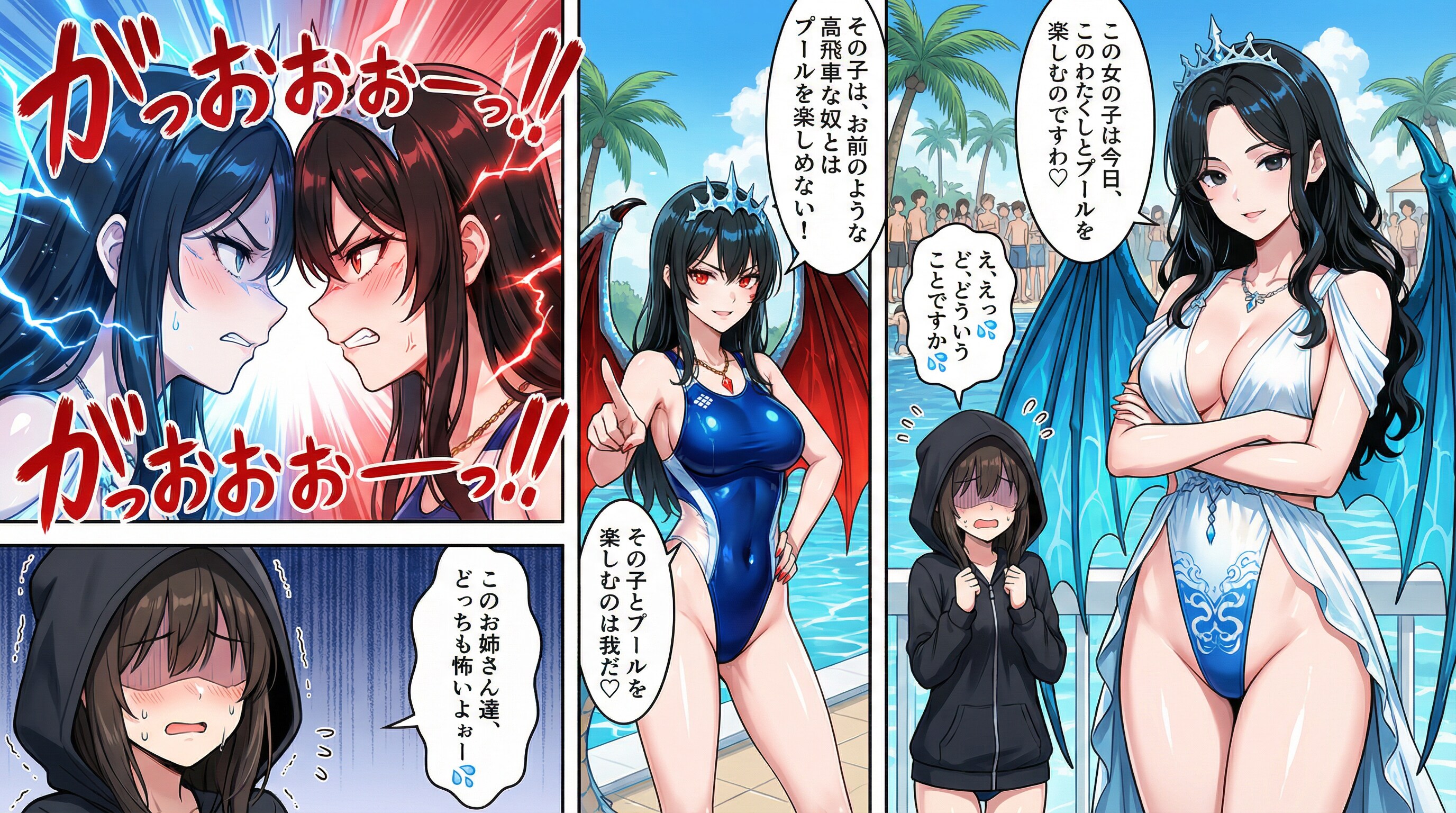百合な縄張り争い！ハイレグ龍達が一人のメカクレ地味っ娘を取り合って💦バトル😍💕