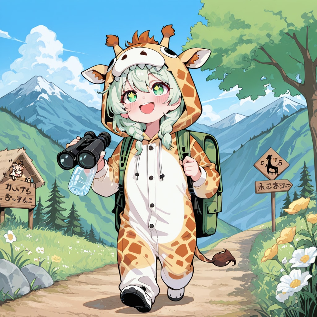 山を楽しむキリン着ぐるみちび子ちゃん