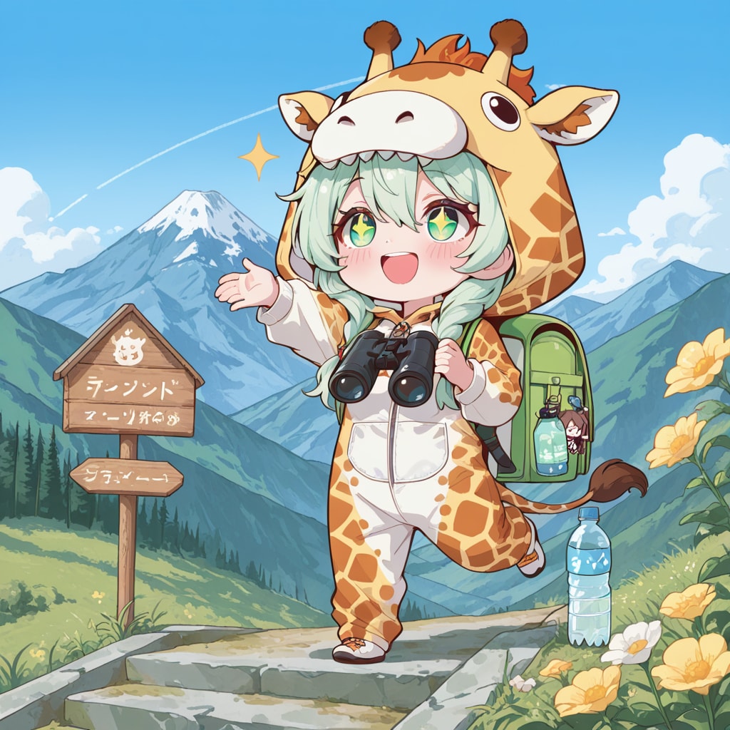 山を楽しむキリン着ぐるみちび子ちゃん