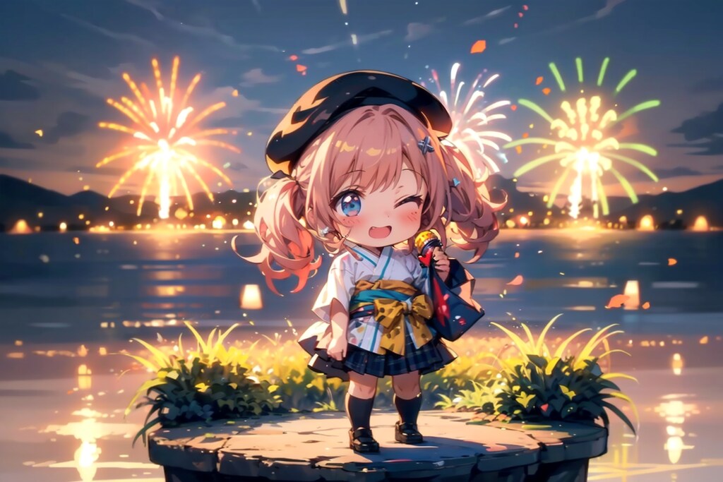 (ちくわの狙い)、上は浴衣、下はスカート、帽子はベレー帽。