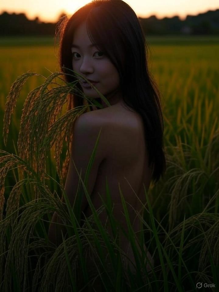 夕日と稲穂