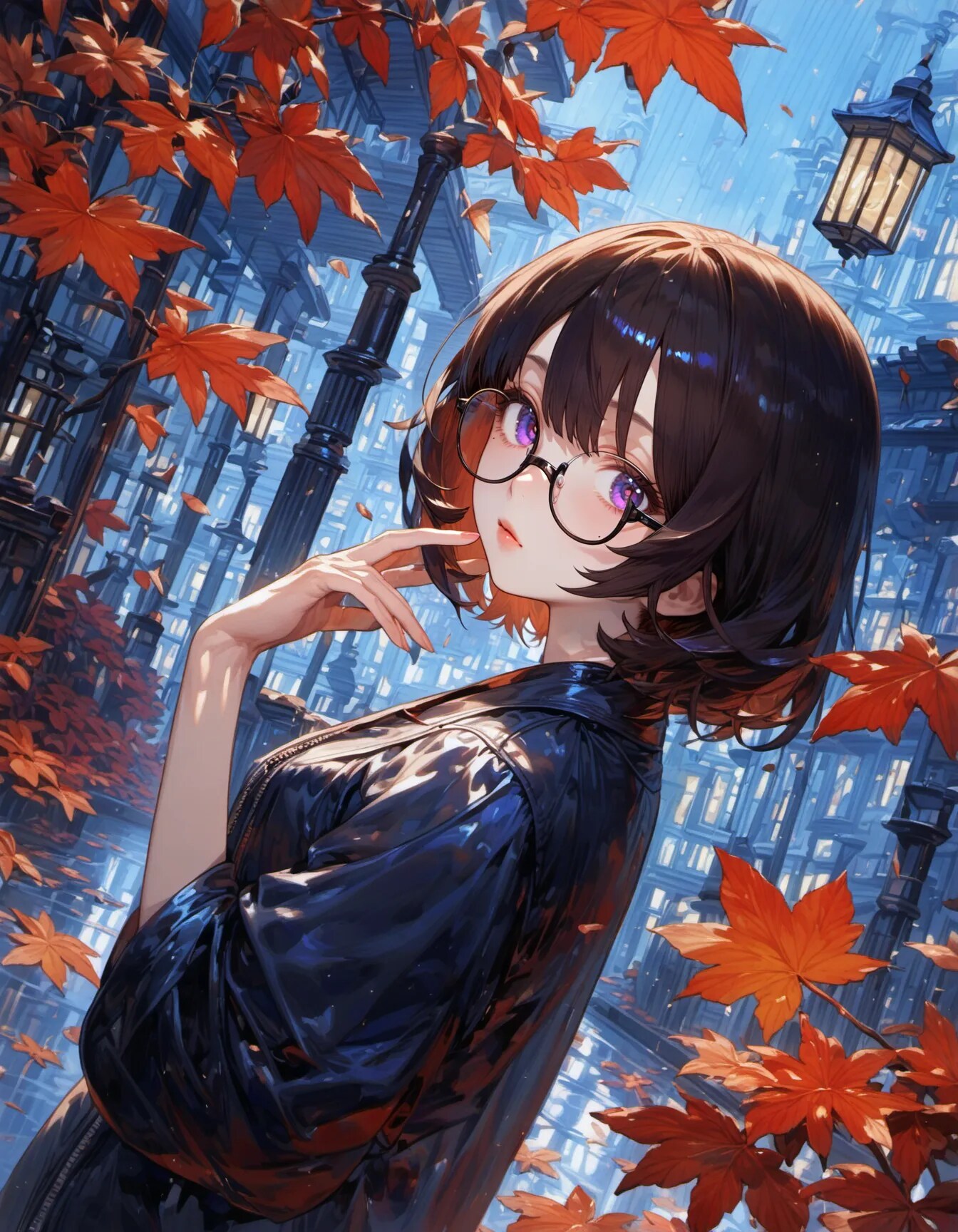 Crimson Leaves Under Quiet Lamps | の人気AIイラスト・グラビア