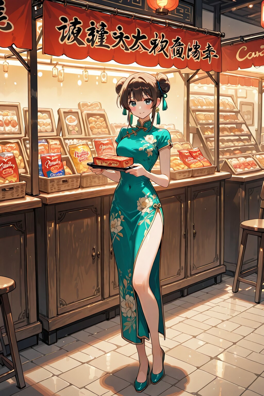 「場末のスナックでロングチャイナドレスを着て接客をする美女」の全身写真
