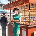 「場末のスナックでロングチャイナドレスを着て接客をする美女」の全身写真 4枚目