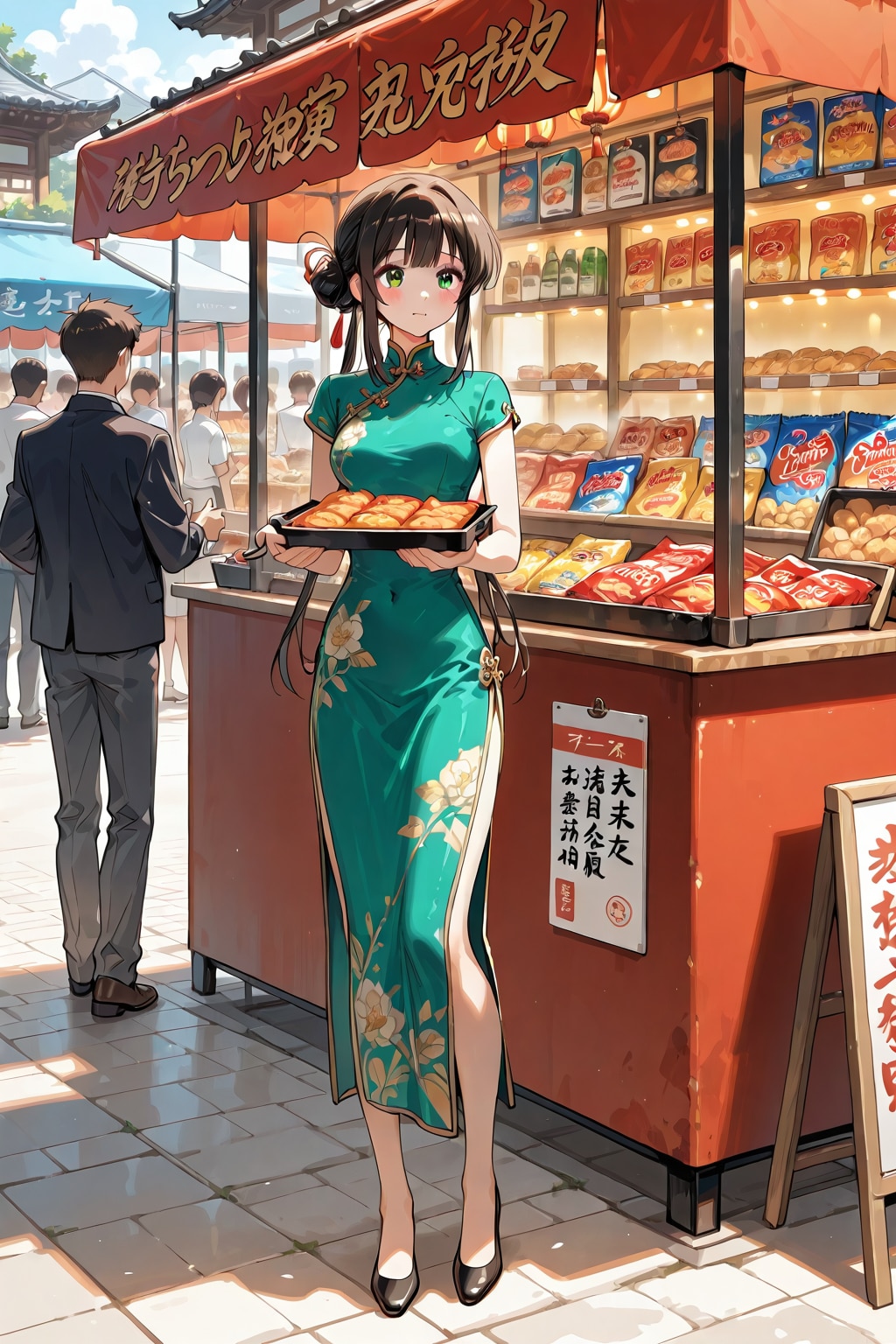 「場末のスナックでロングチャイナドレスを着て接客をする美女」の全身写真