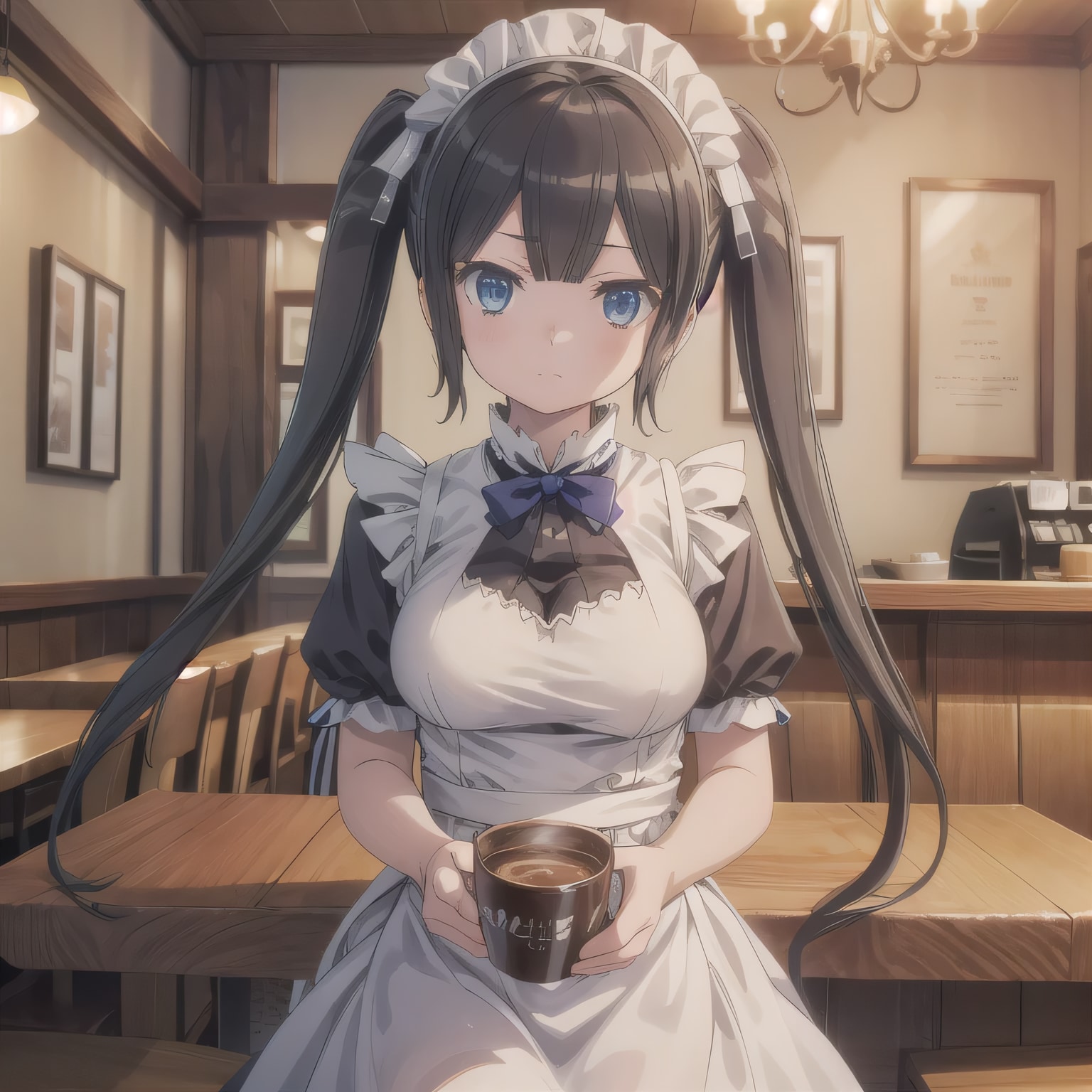 黒髪ツインテでカフェの少女 | の人気AIイラスト・グラビア