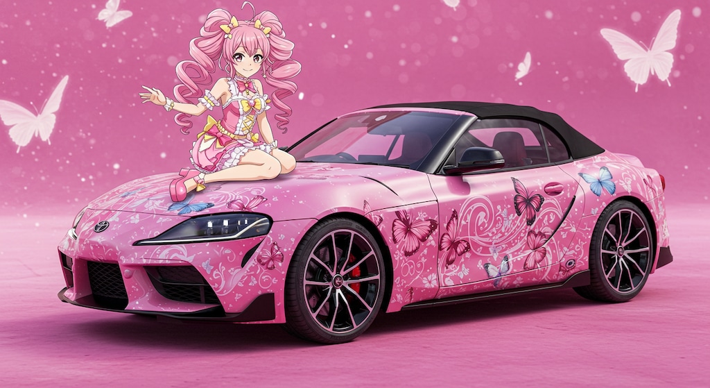 アニメキャラとGRスープラオープンカー