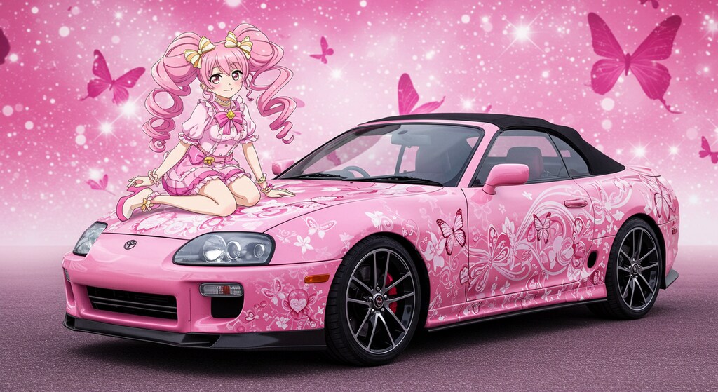 アニメキャラとGRスープラオープンカー