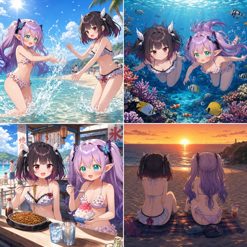 海で遊ぶミテルちゃんとすみれちゃん
