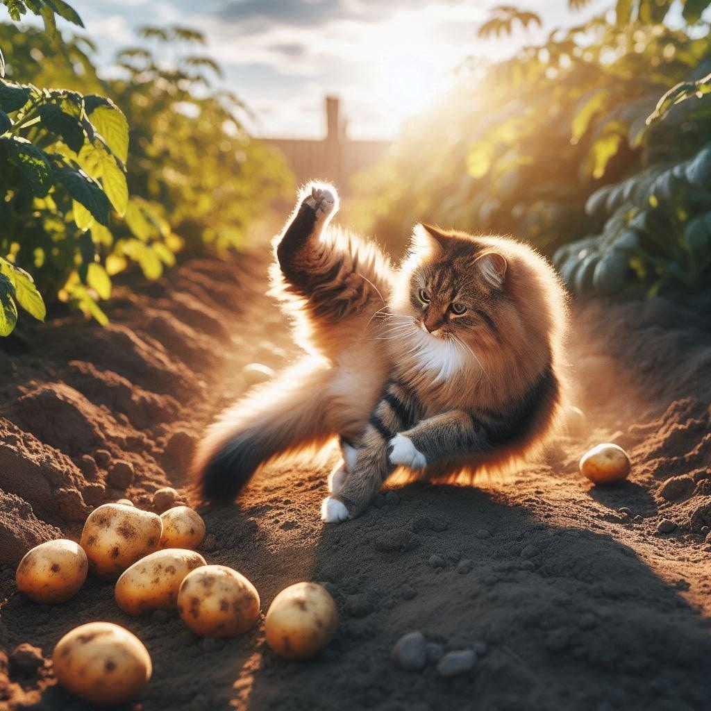 イモ掘りする猫