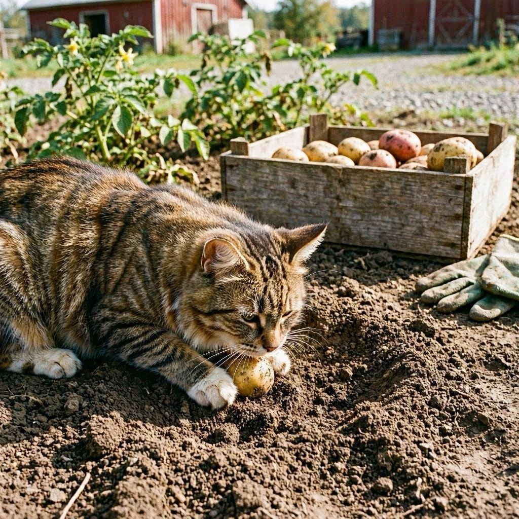 イモ掘りする猫