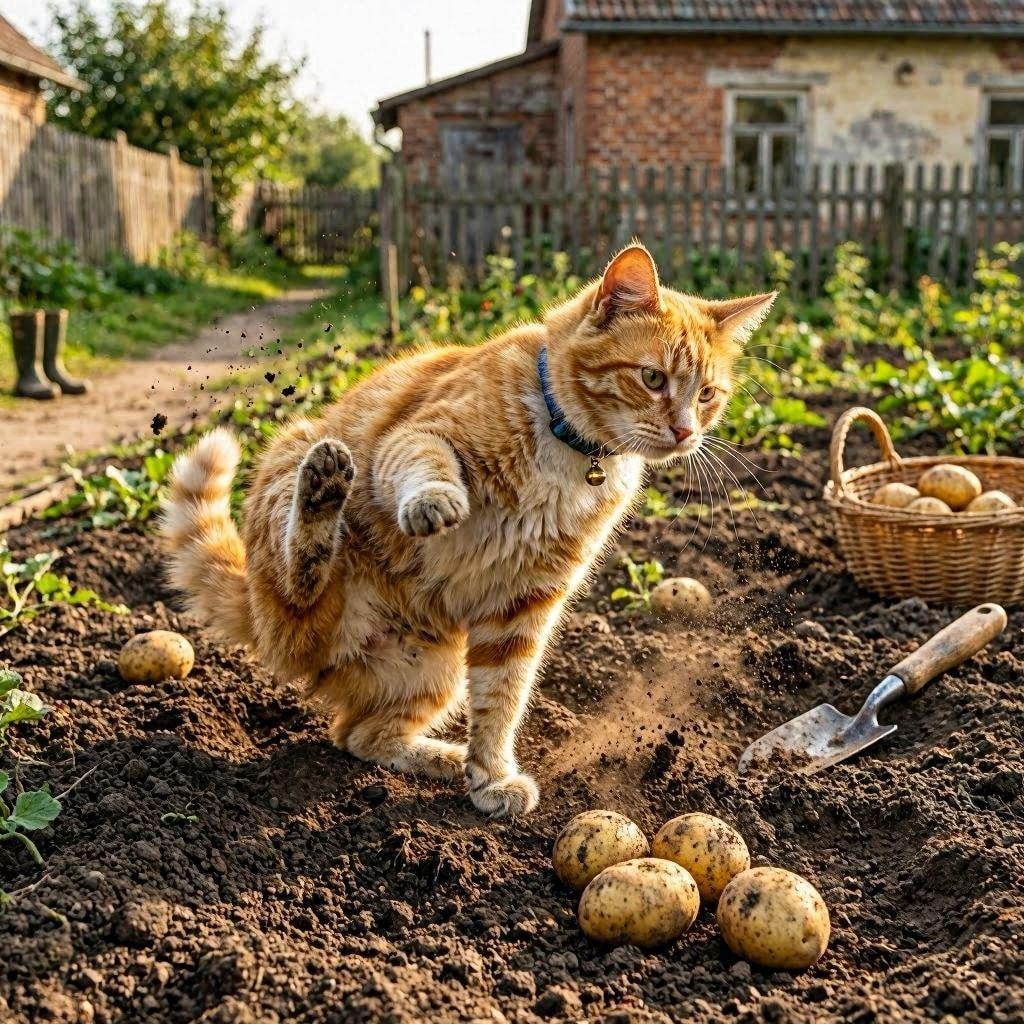イモ掘りする猫