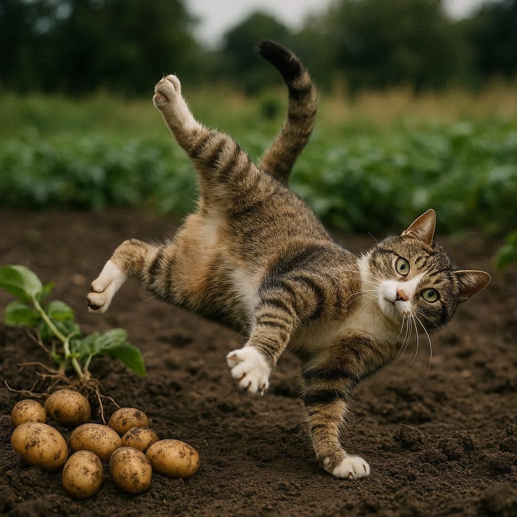 イモ掘りする猫