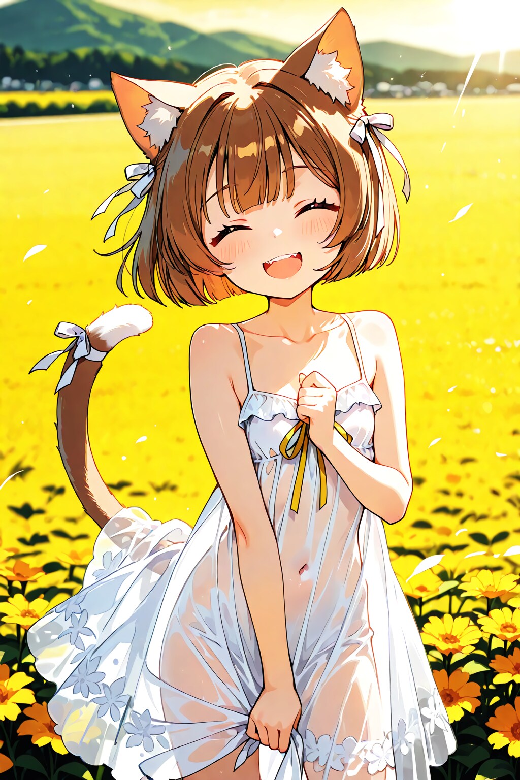 お花畑とパタパタしっぽ