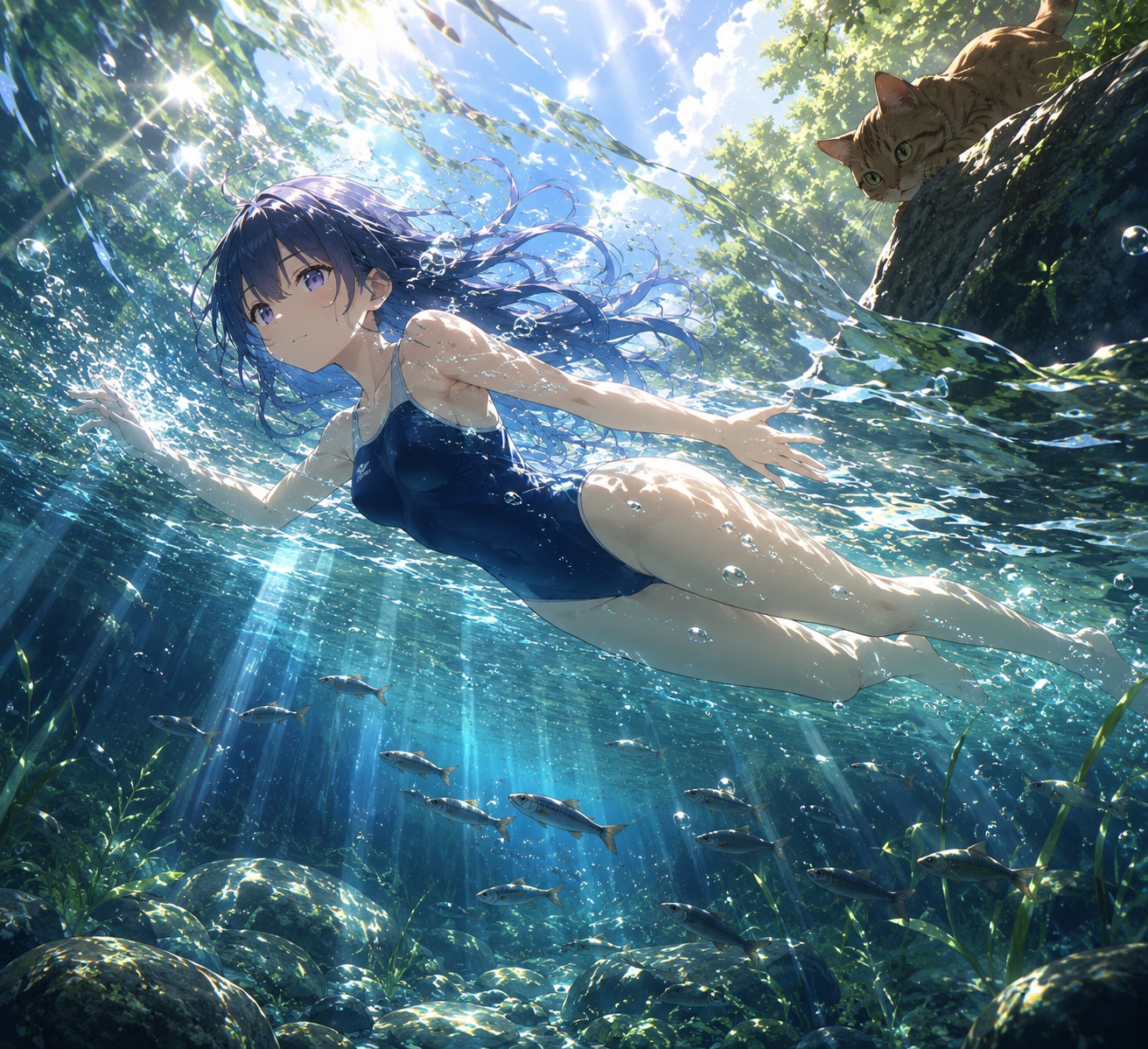 あい、遂に泳いで水中から激写される！魚を狙うにゃんこもいるよ！
