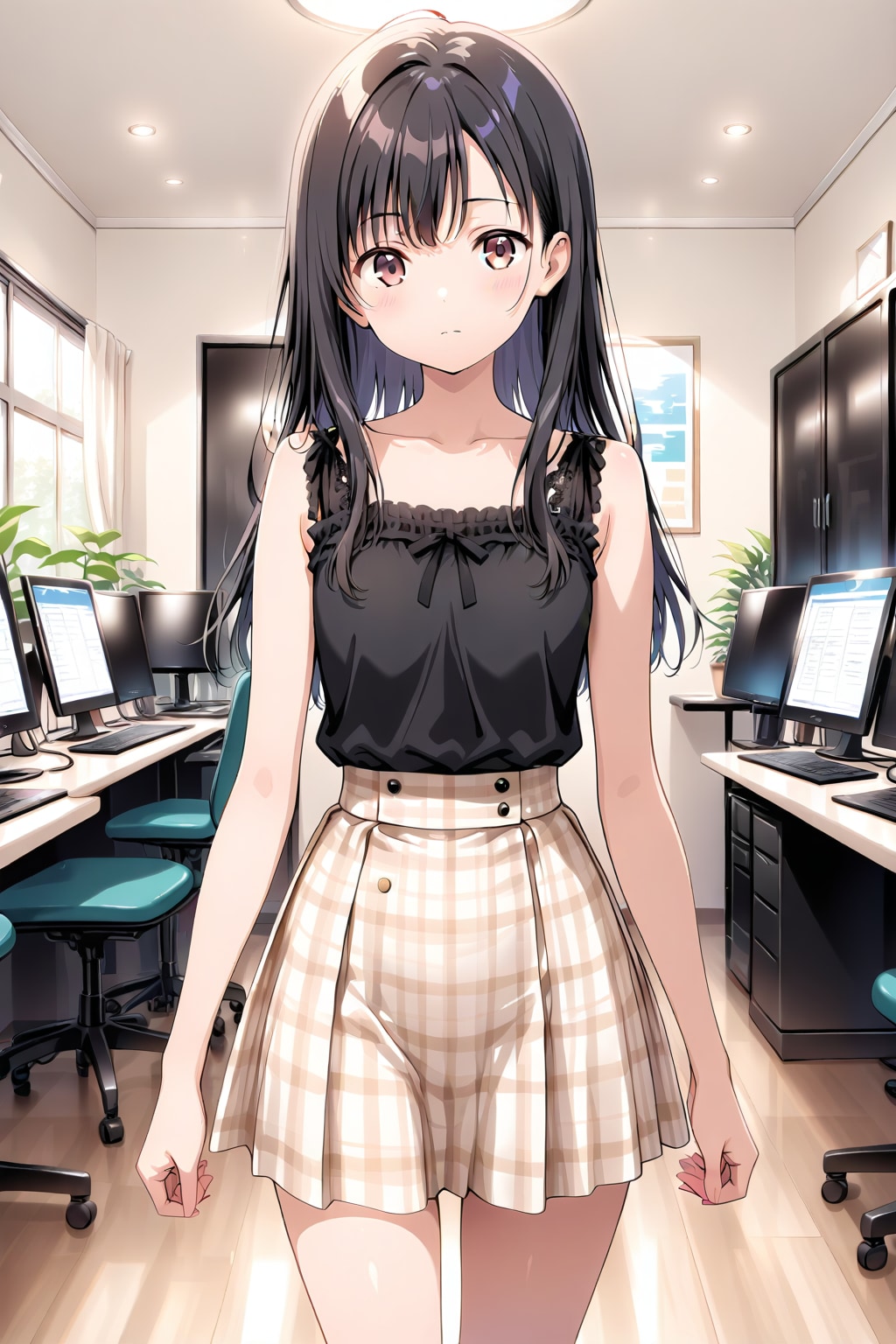 20251209チェックのミニスカートとノースリーブの服を着た黒髪の女性