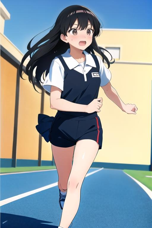 焦って走る黒髪さん