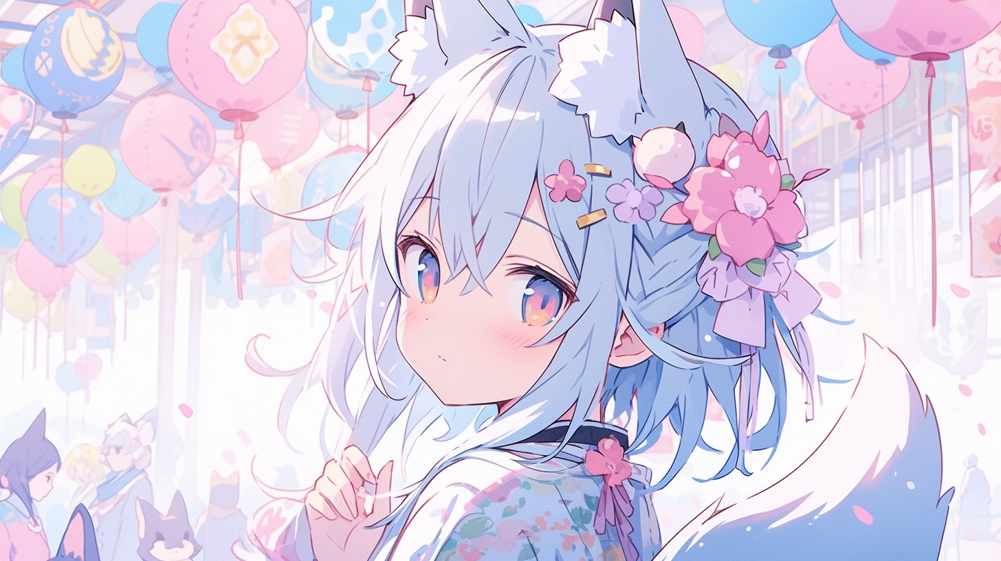 夏祭りに微笑む青狐の花飾り | の人気AIイラスト・グラビア