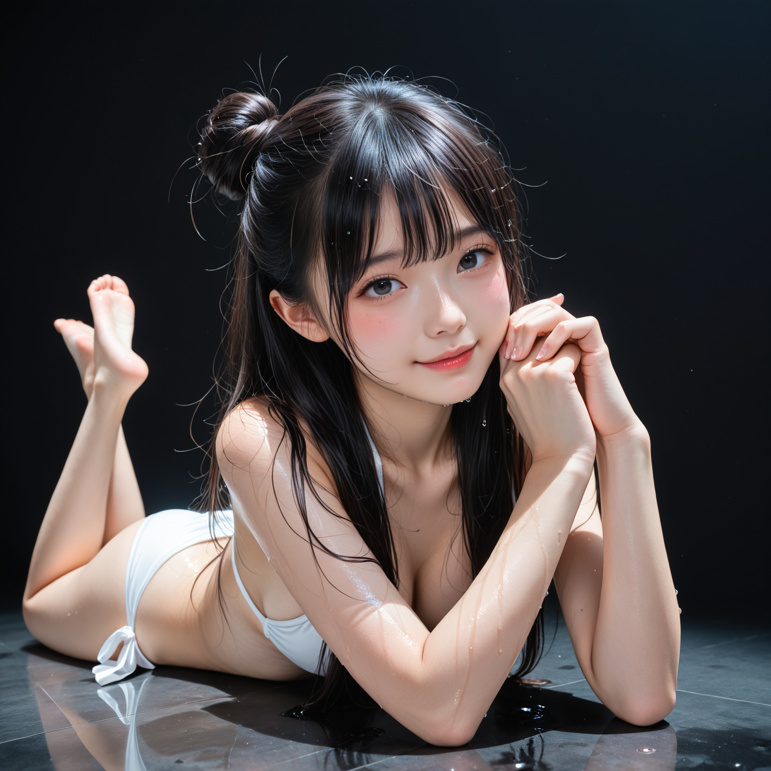 肘つき、ハーフアップお団子