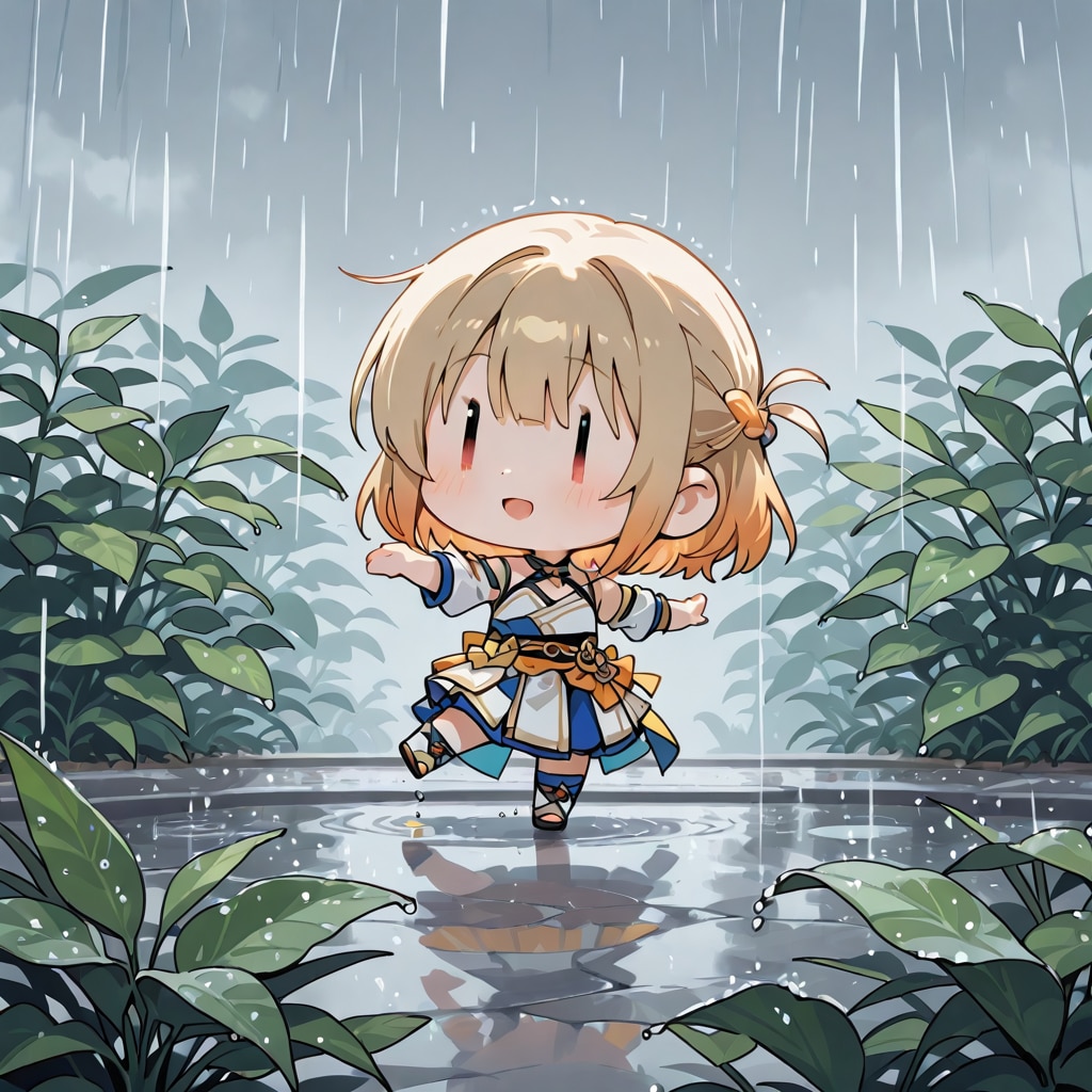 雨に打たれながら踊るちびキャラちゃん | の人気AIイラスト・グラビア