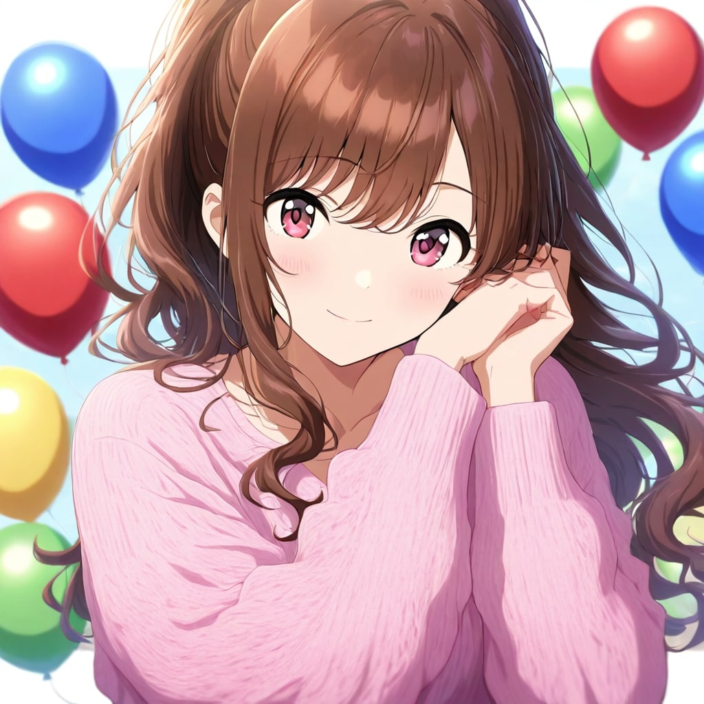 いっぱい風船を持つブラウンポニーテールのニット服の美女。