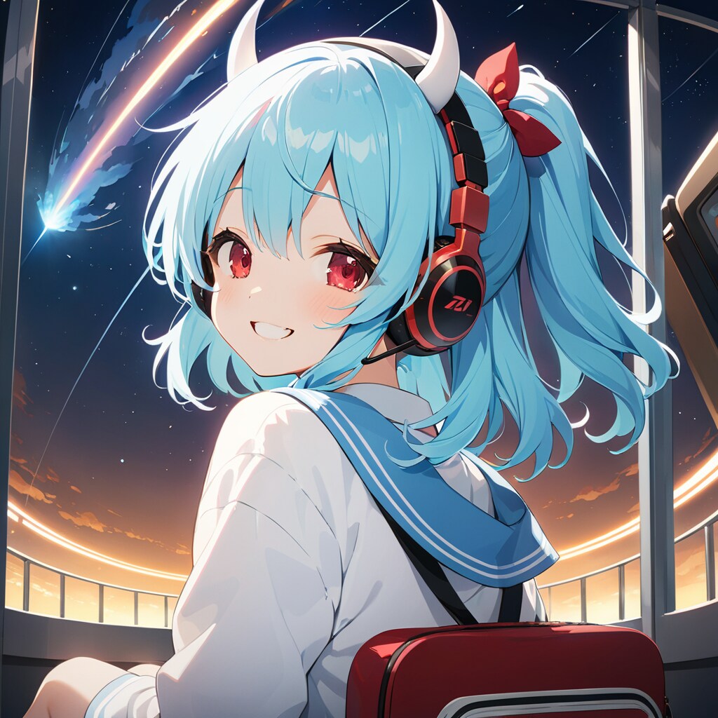 鬼娘、ヘッドフォンで音楽を聴きながら流星を眺める