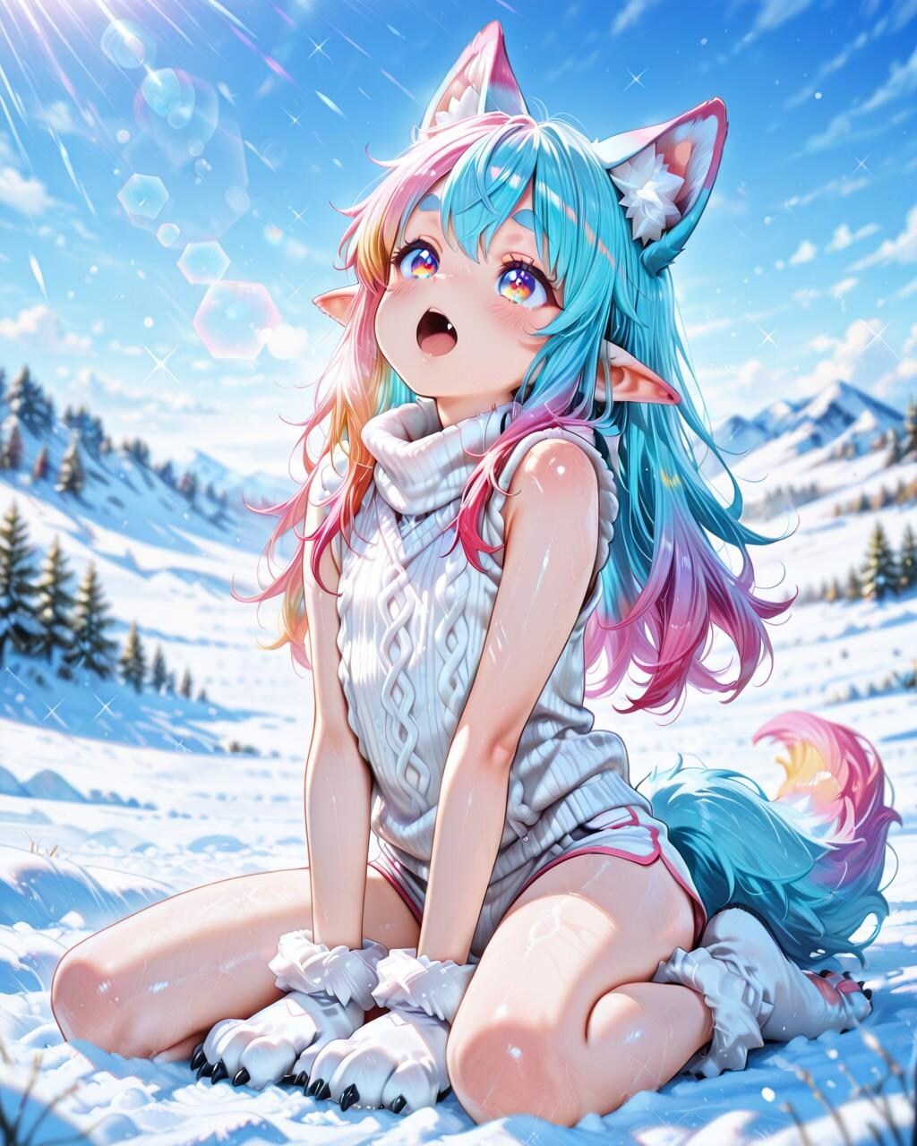 8枚）雪原で遠吠えする狼少女