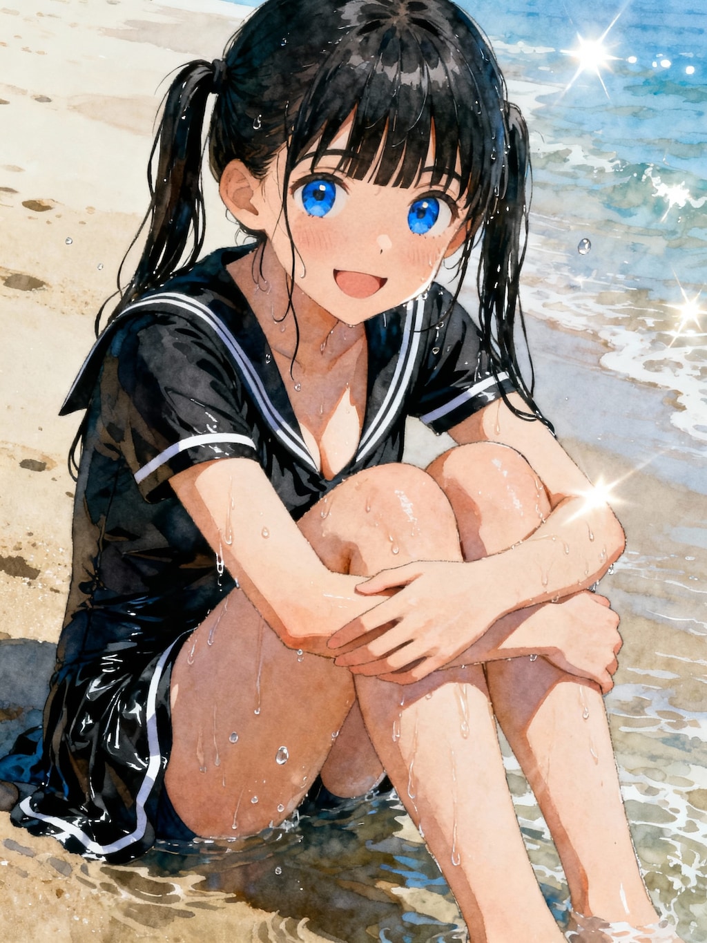 ビーチのツインテール娘