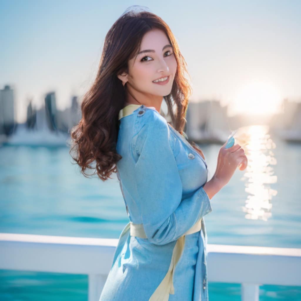 海が見える港町を歩く女の子