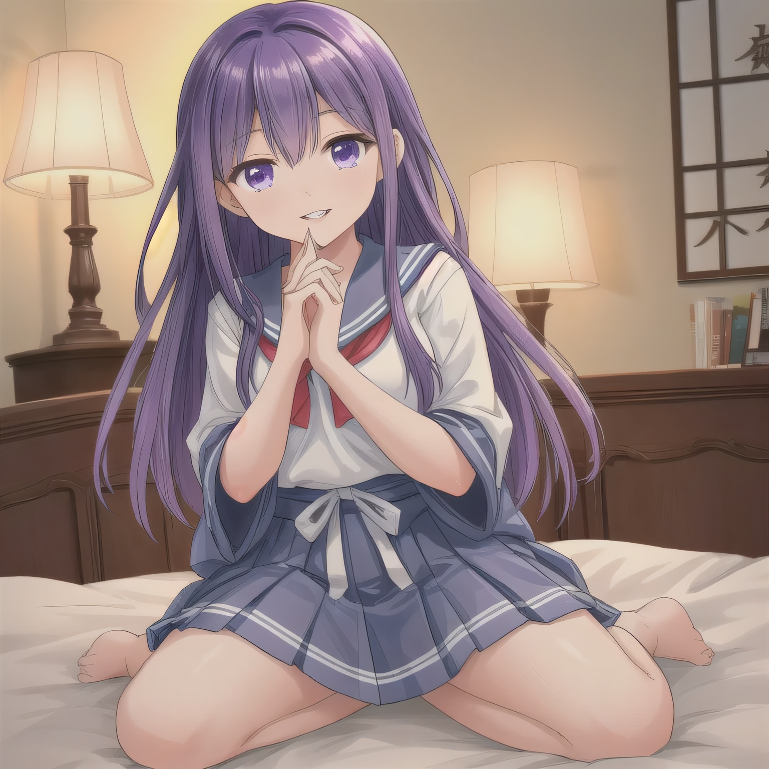 紫髪ロングで寝室の少女１０ | の人気AIイラスト・グラビア