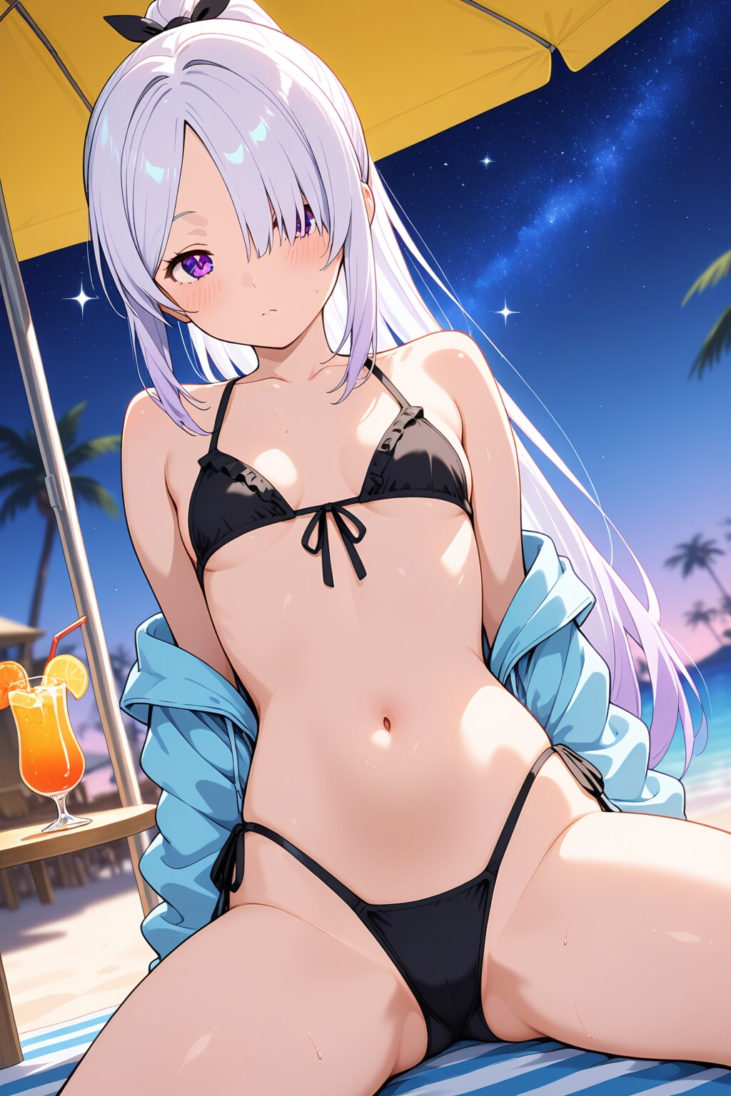 メカクレ薄紫髪ちゃん76『ビーチで休憩』