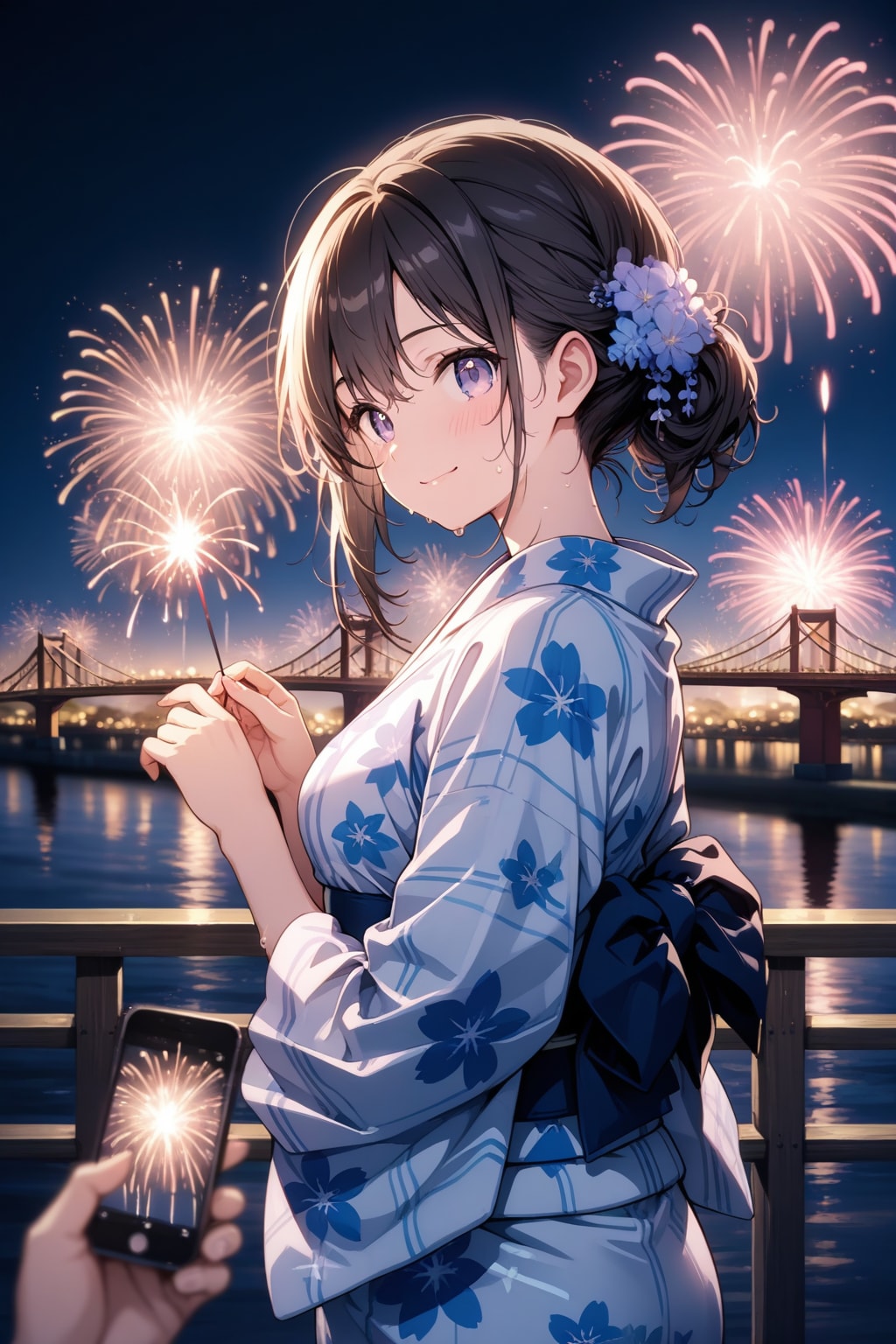 橋から花火大会を見る👘🎇📱❤️ | の人気AIイラスト・グラビア